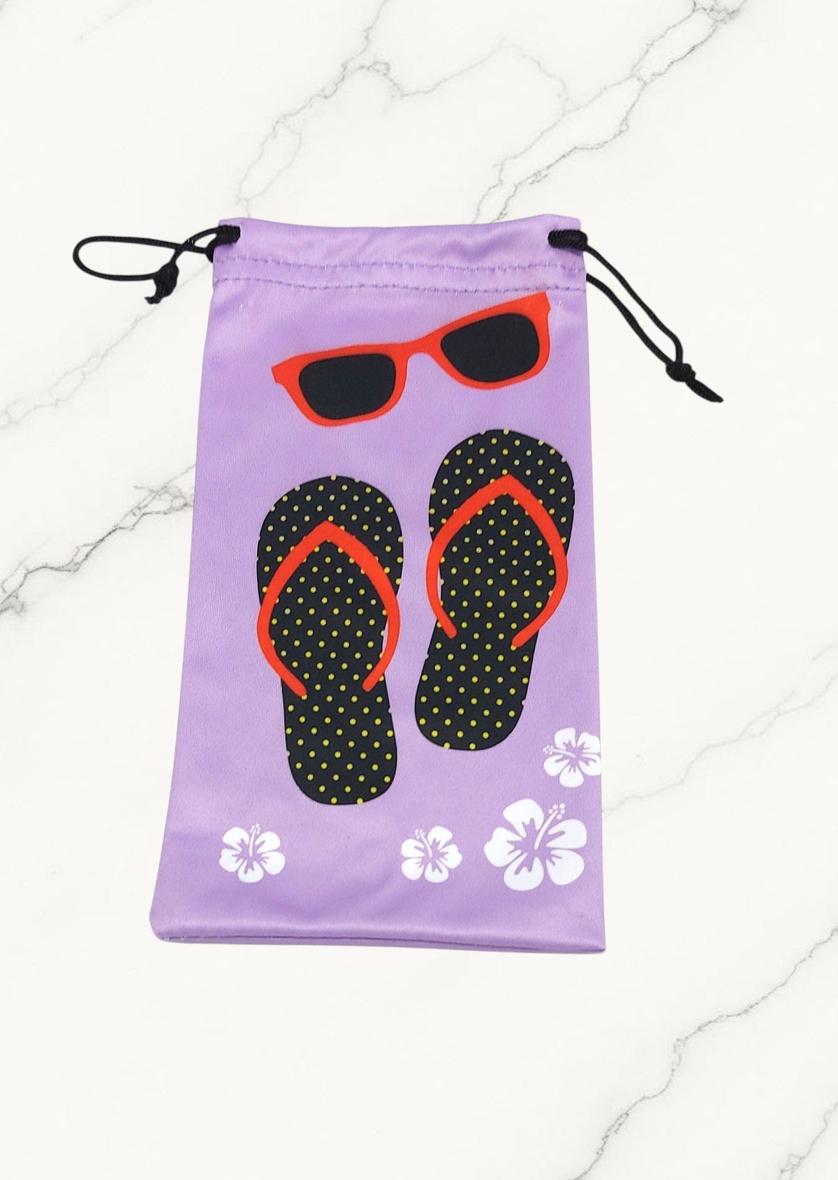 Pochette Jovettine Éco-Bijoux en microfibre violette avec motif estival de tongs, lunettes et fleurs