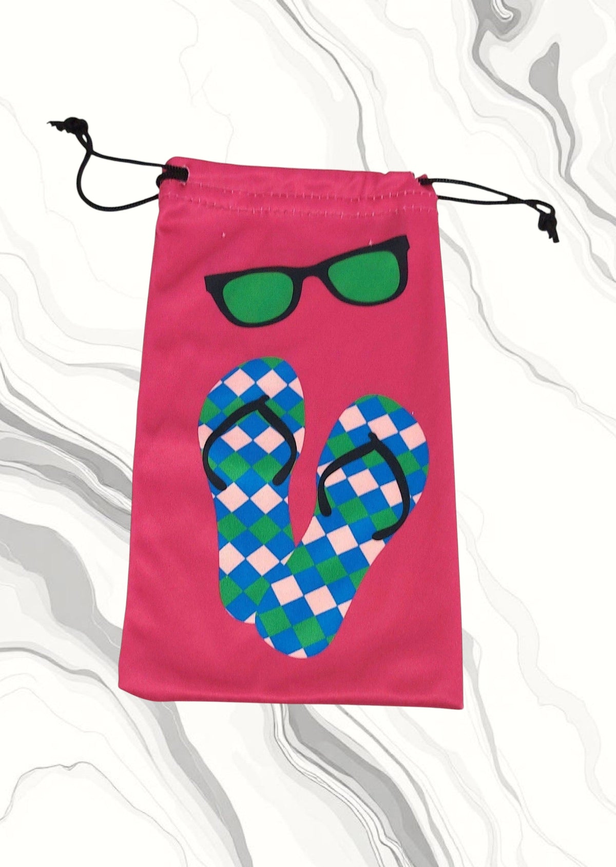 Pochette Jovettine Éco-Bijoux rose en microfibre avec motif tongs et lunettes, fermeture à cordon pratique.